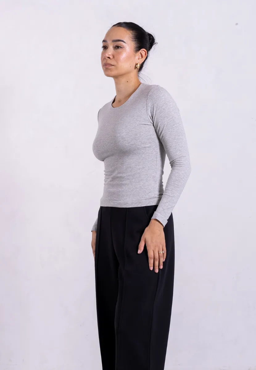 Organic Cotton Crew Long Sleeve T-Shirt, Light Grey Marl