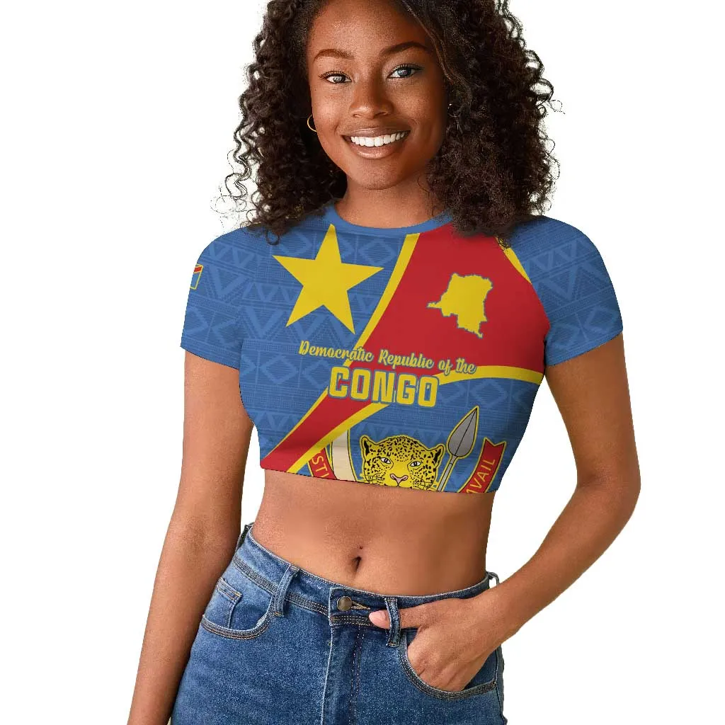 Personalised DR Congo Raglan Cropped T shirt Coat Of Arms With Map LT15