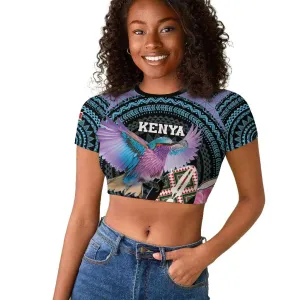Personalised Kenya Lilac Breasted Roller Raglan Cropped T shirt Orchid Flower - African Pattern LT15