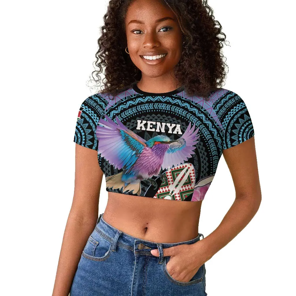Personalised Kenya Lilac Breasted Roller Raglan Cropped T shirt Orchid Flower - African Pattern LT15