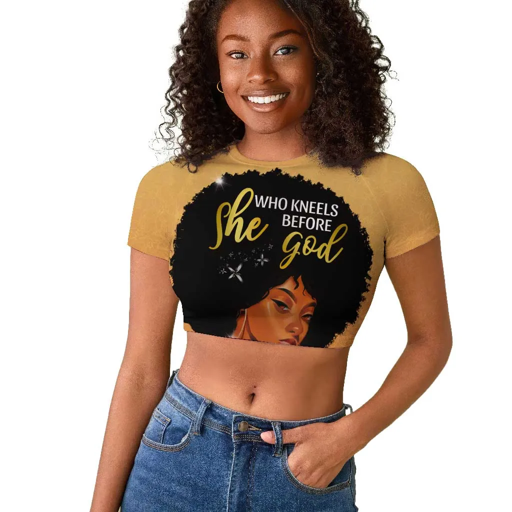 Personalized African Black Women Raglan Cropped T shirt She Who Kneels Before God DT02