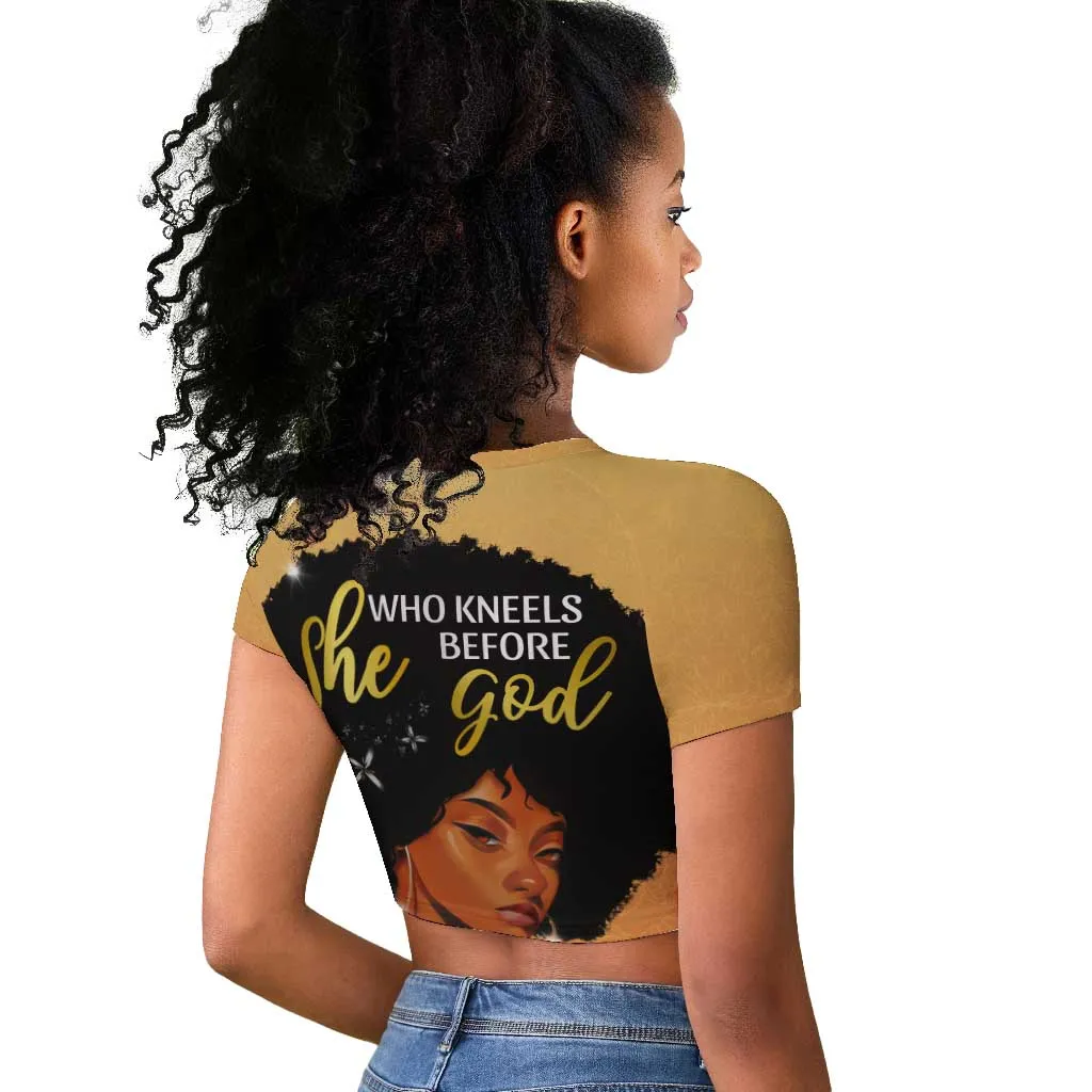 Personalized African Black Women Raglan Cropped T shirt She Who Kneels Before God DT02