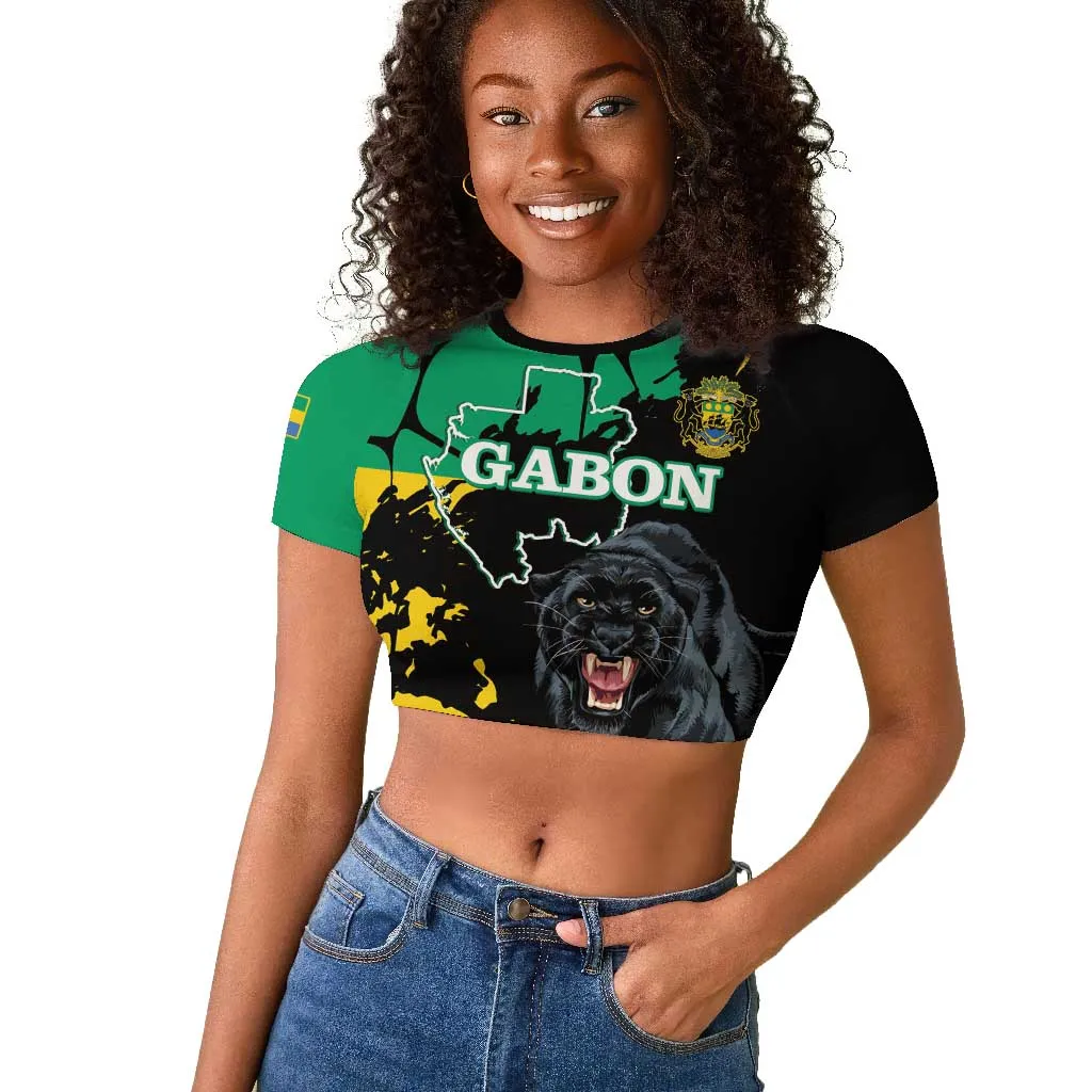 Personalized Gabon Black Panther Raglan Cropped T shirt Gabonese Map Grunge Style LT14
