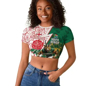 Personalized South Africa Combine England Rugby Raglan Cropped T shirt Springboks and Red Rose LT15
