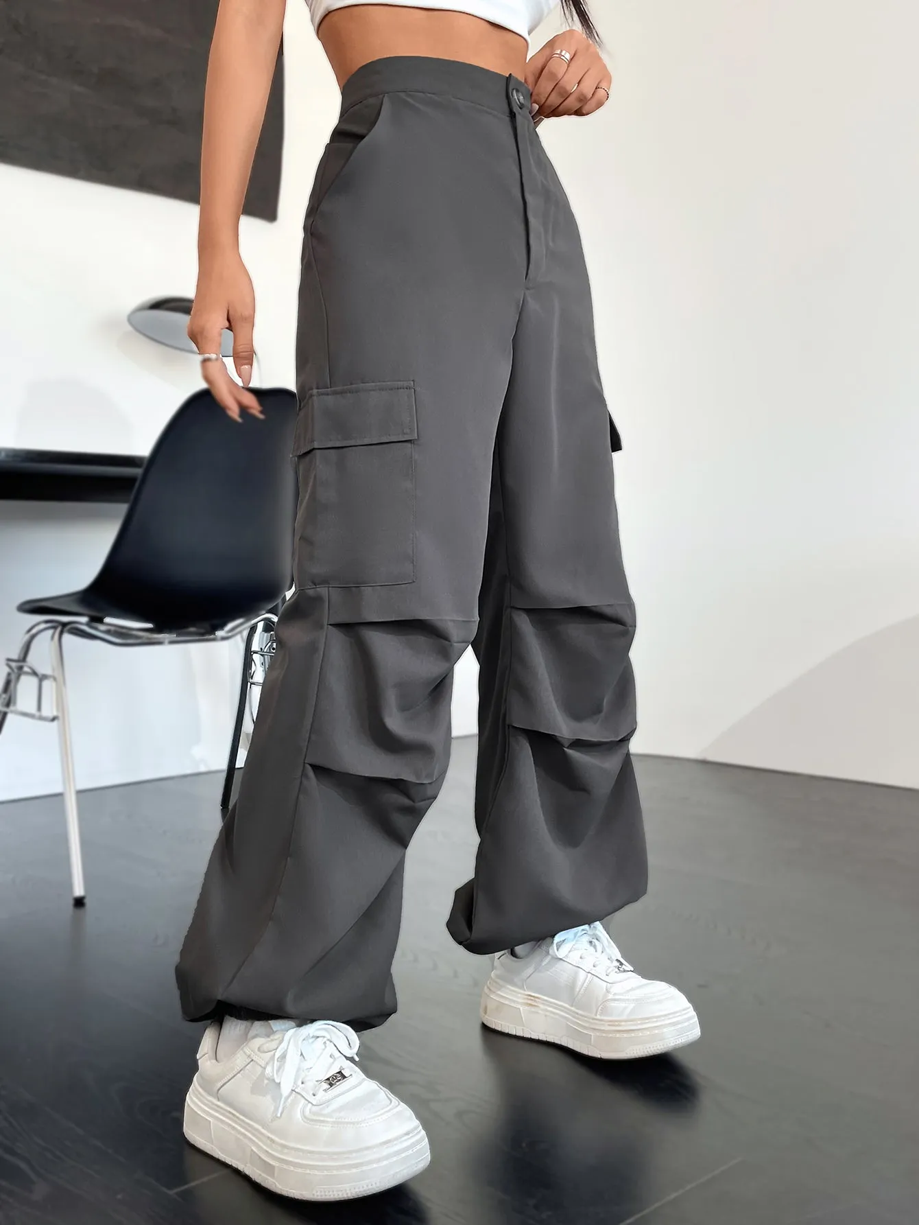 Pin-Tucked Grey Cargo Pants