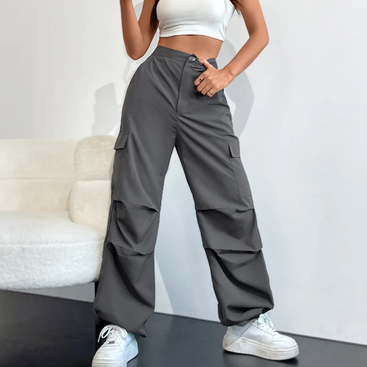 Pin-Tucked Grey Cargo Pants