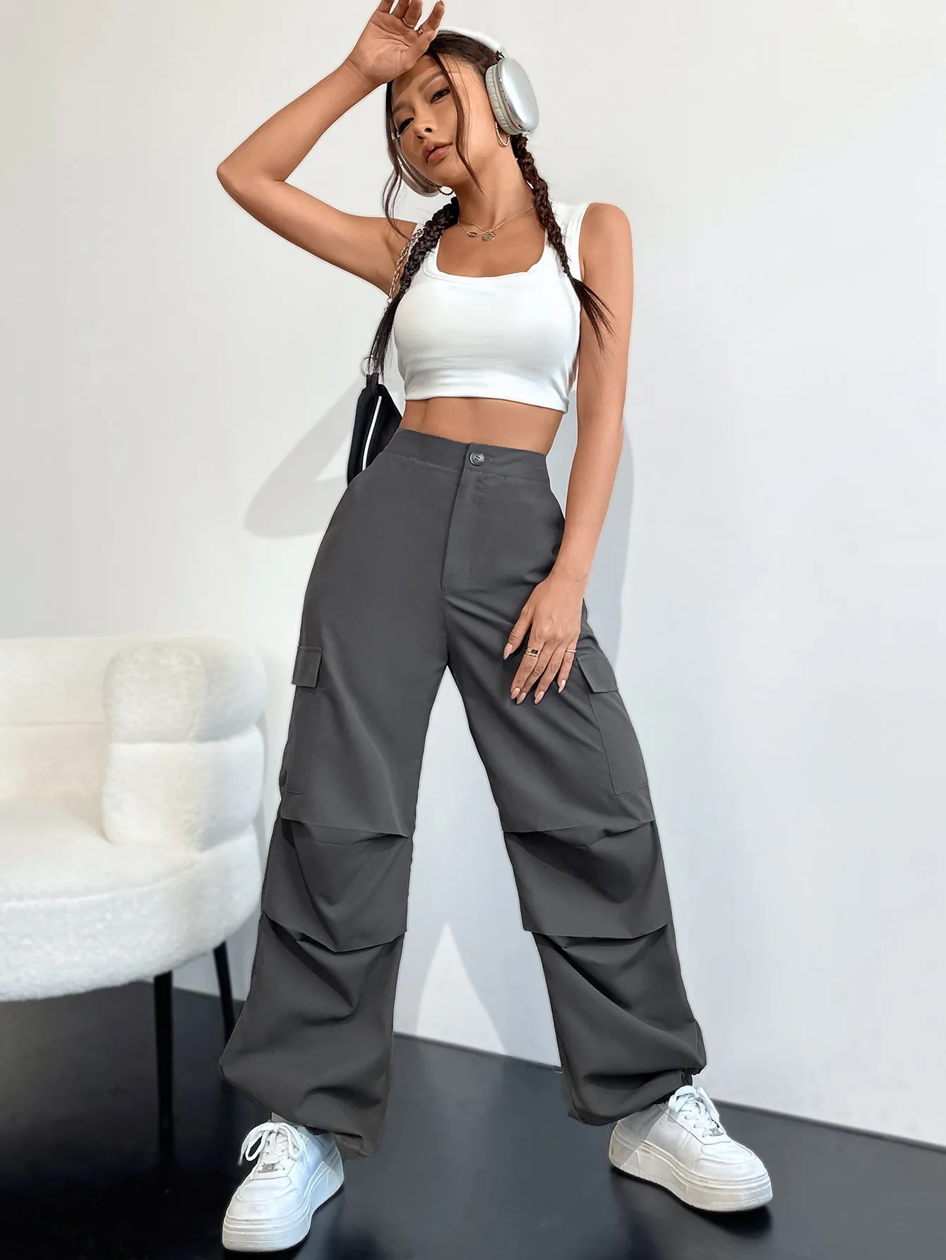 Pin-Tucked Grey Cargo Pants