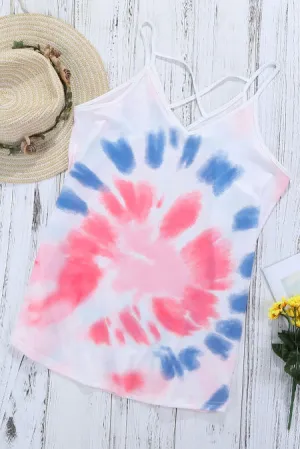 Pink Tie Dye Strappy Crossed Neckline Tank Top