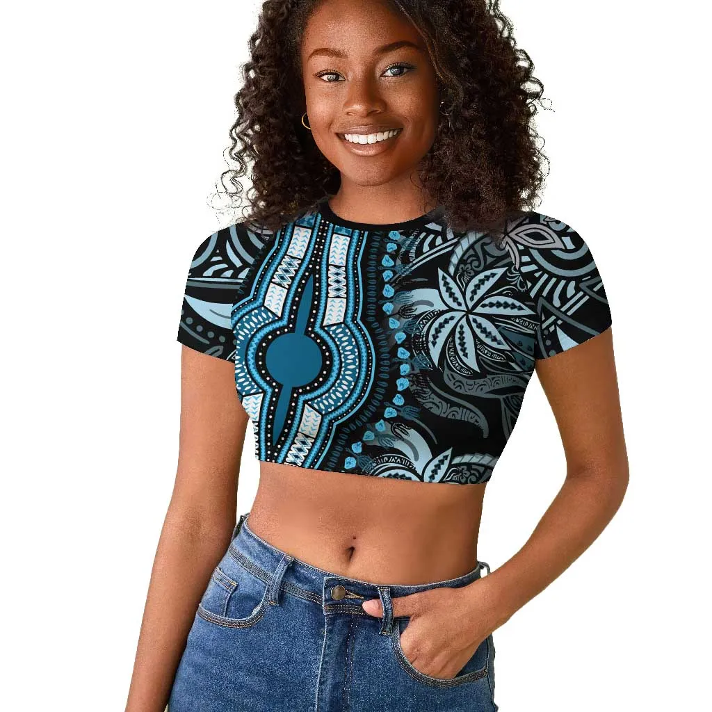 Polynesia Mixed African Dashiki Raglan Cropped T shirt Afro-pacific Culture - Blue LT9