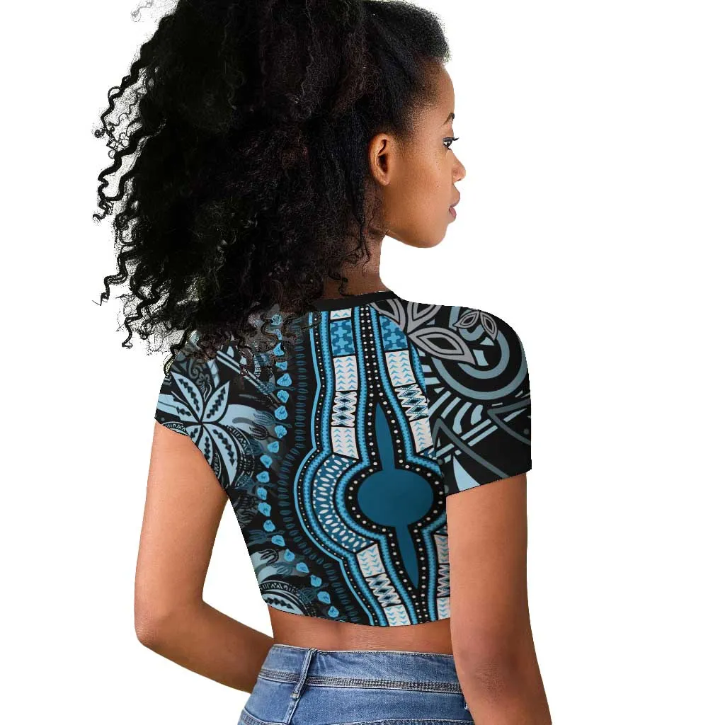 Polynesia Mixed African Dashiki Raglan Cropped T shirt Afro-pacific Culture - Blue LT9
