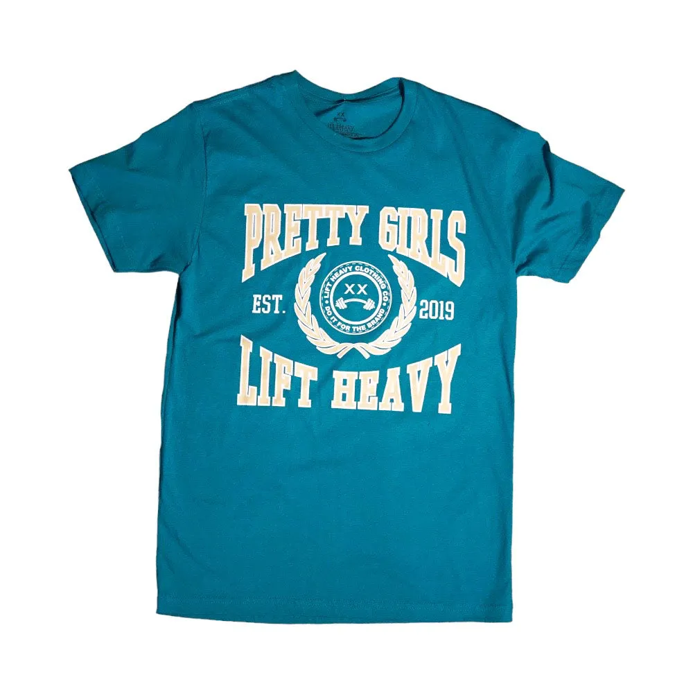 PRETTY GIRLS LIFT HEAVY VARSITY - Turquoise T-SHIRT