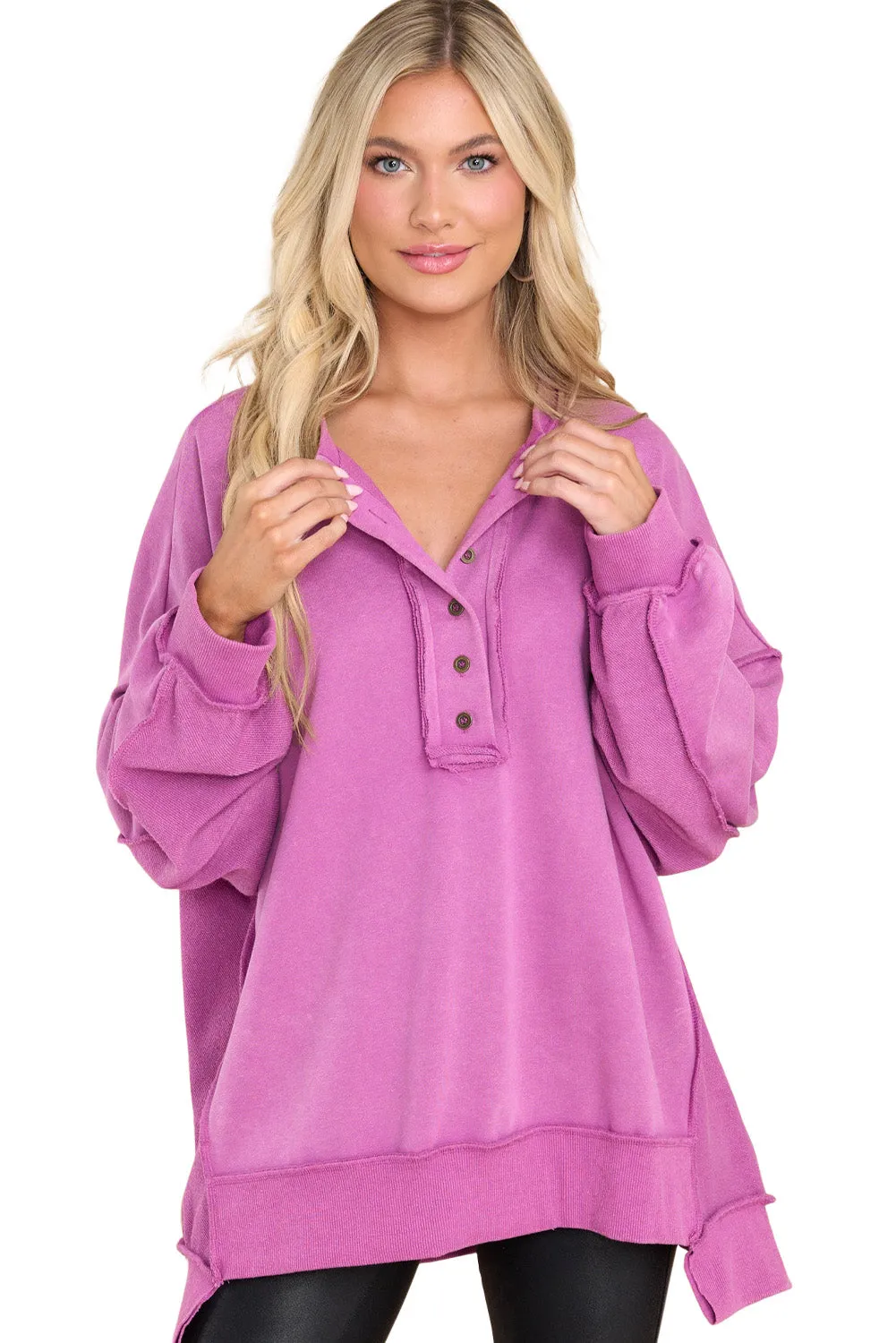 Purple Exposed Seam Terry Patchwork Henley Sweatshirt