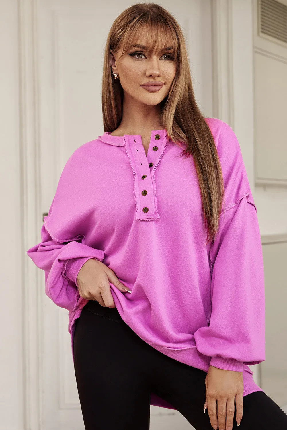 Purple Exposed Seam Terry Patchwork Henley Sweatshirt