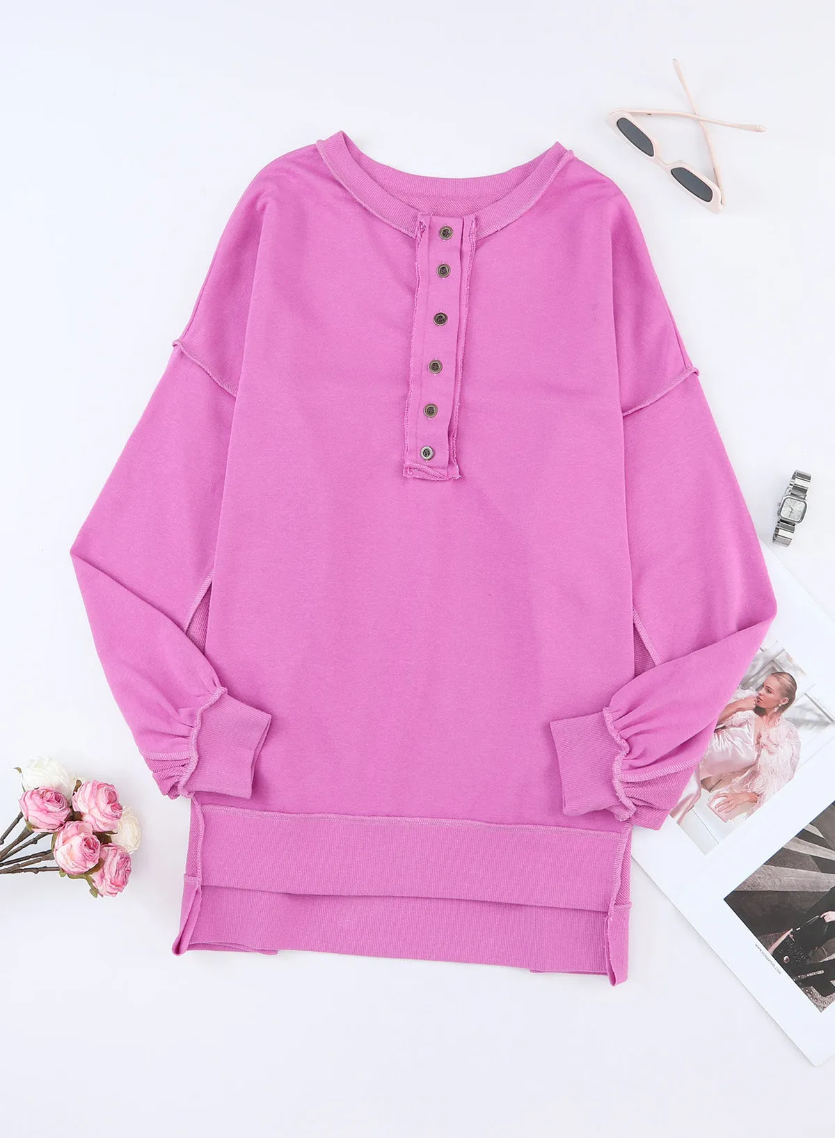 Purple Exposed Seam Terry Patchwork Henley Sweatshirt