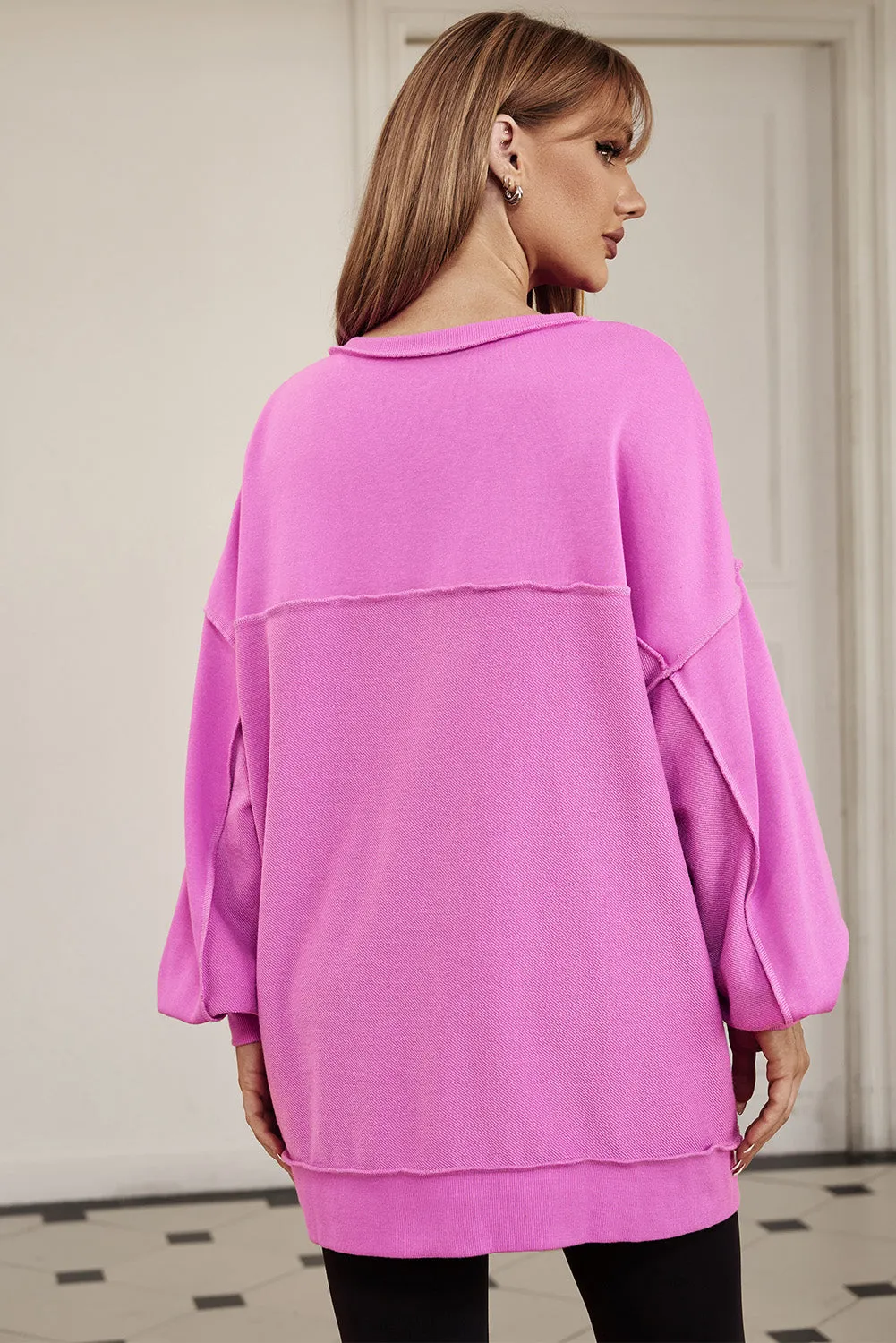Purple Exposed Seam Terry Patchwork Henley Sweatshirt
