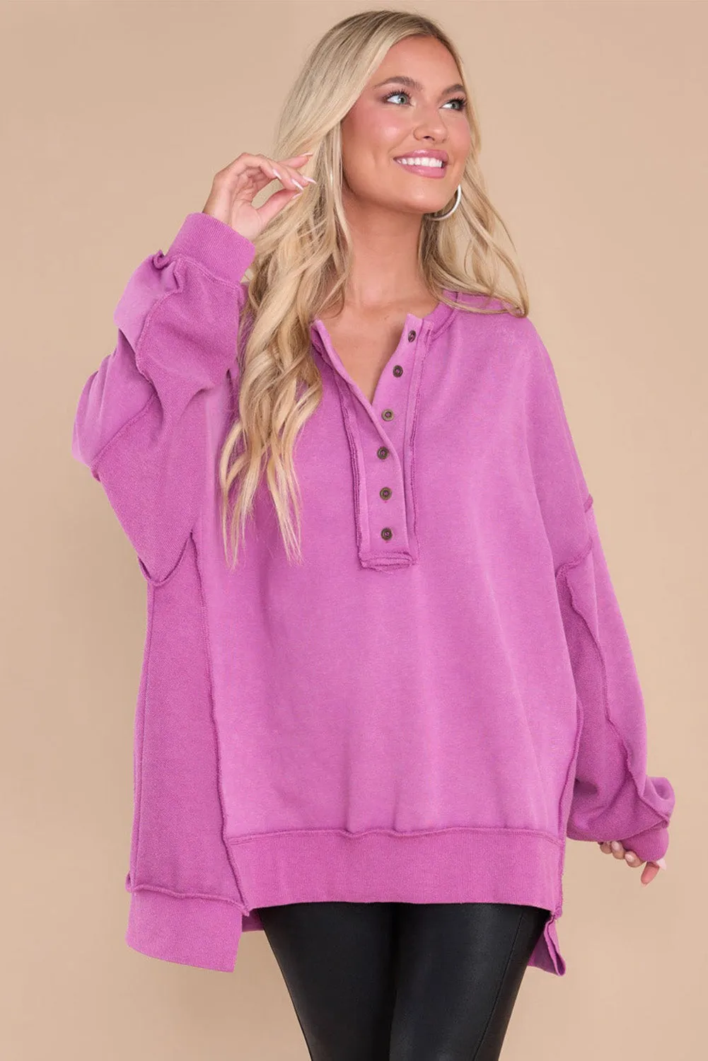Purple Exposed Seam Terry Patchwork Henley Sweatshirt