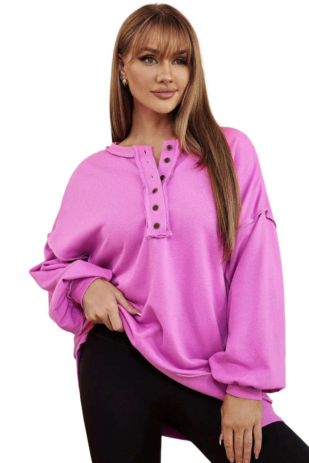 Purple Exposed Seam Terry Patchwork Henley Sweatshirt