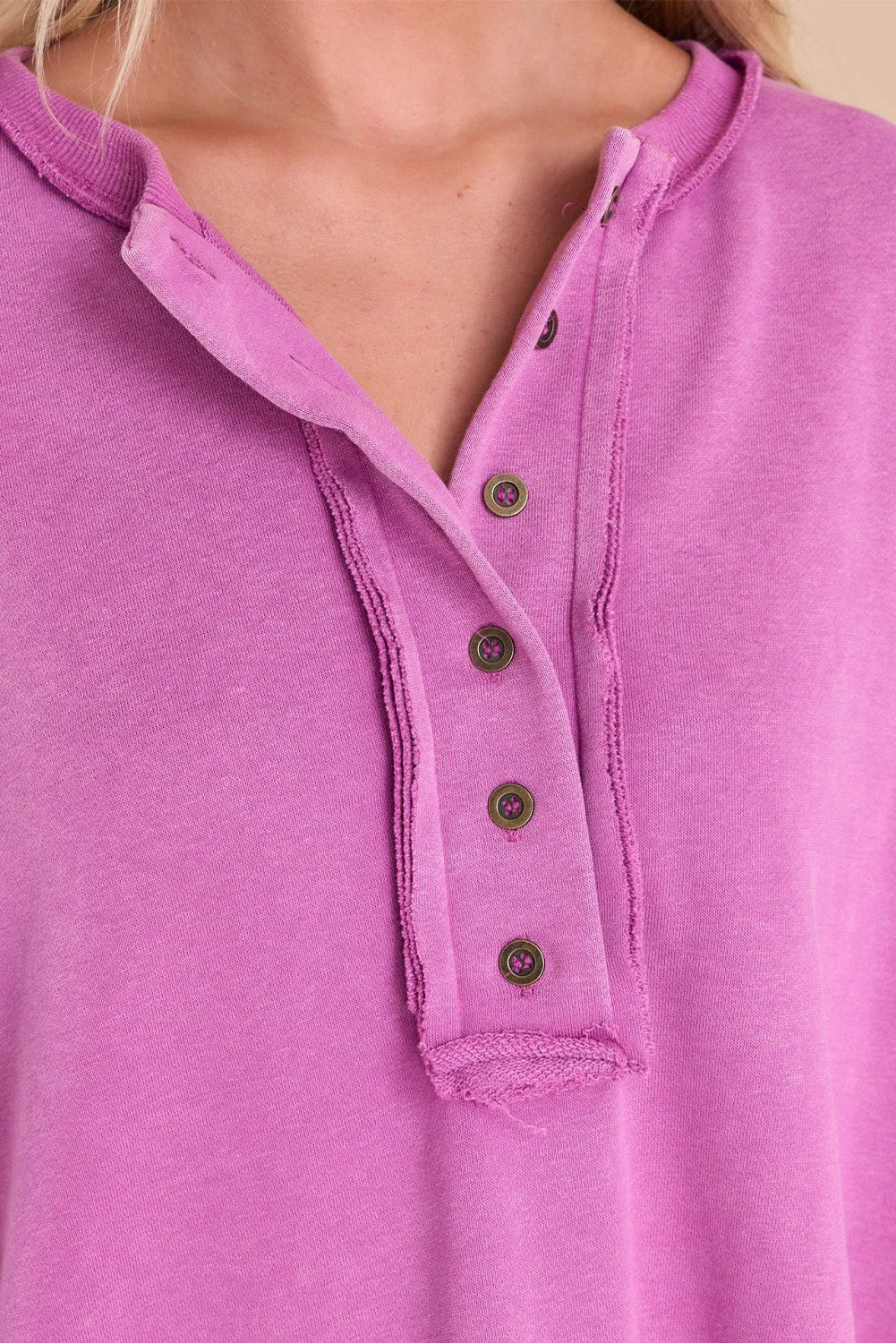 Purple Exposed Seam Terry Patchwork Henley Sweatshirt
