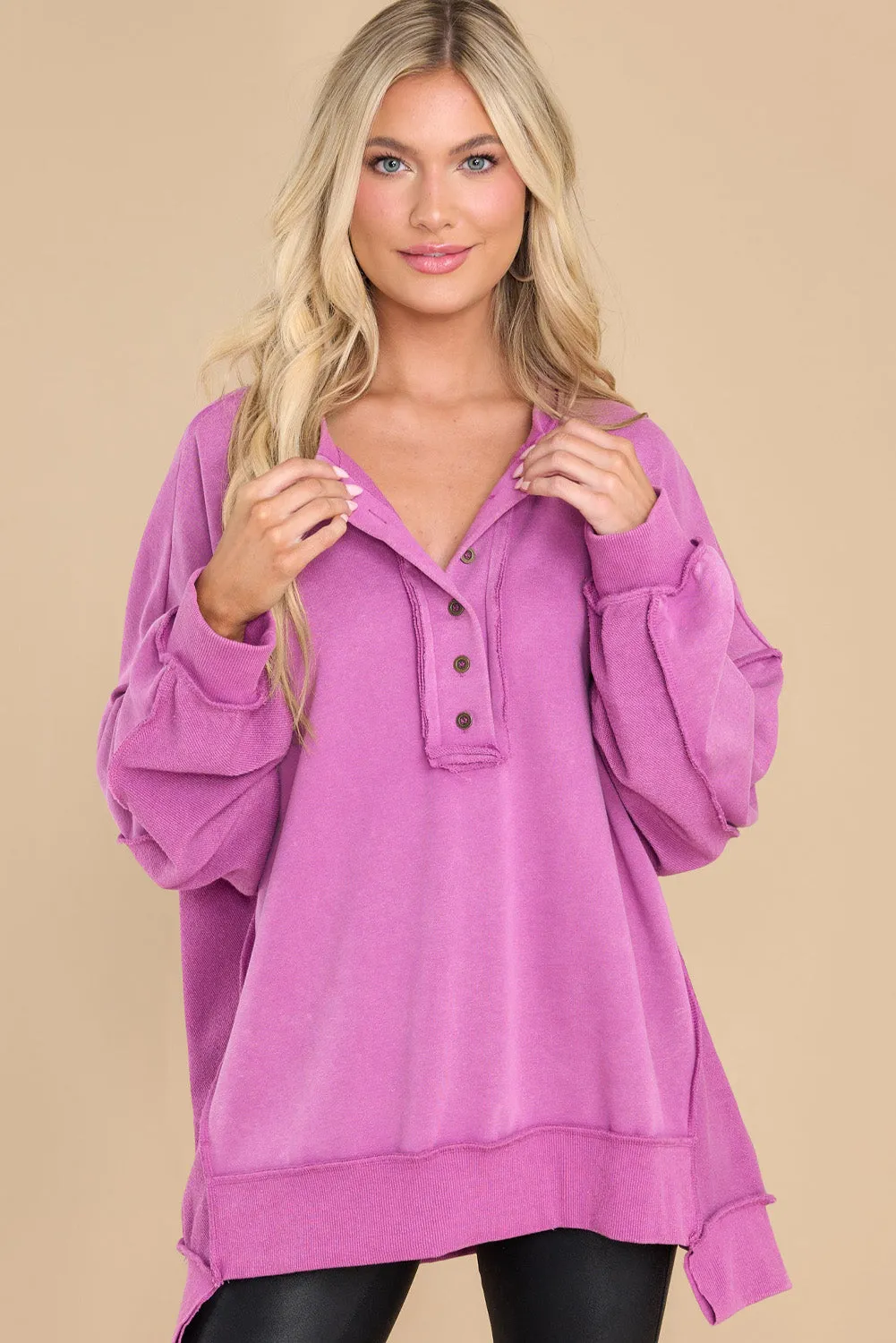 Purple Exposed Seam Terry Patchwork Henley Sweatshirt