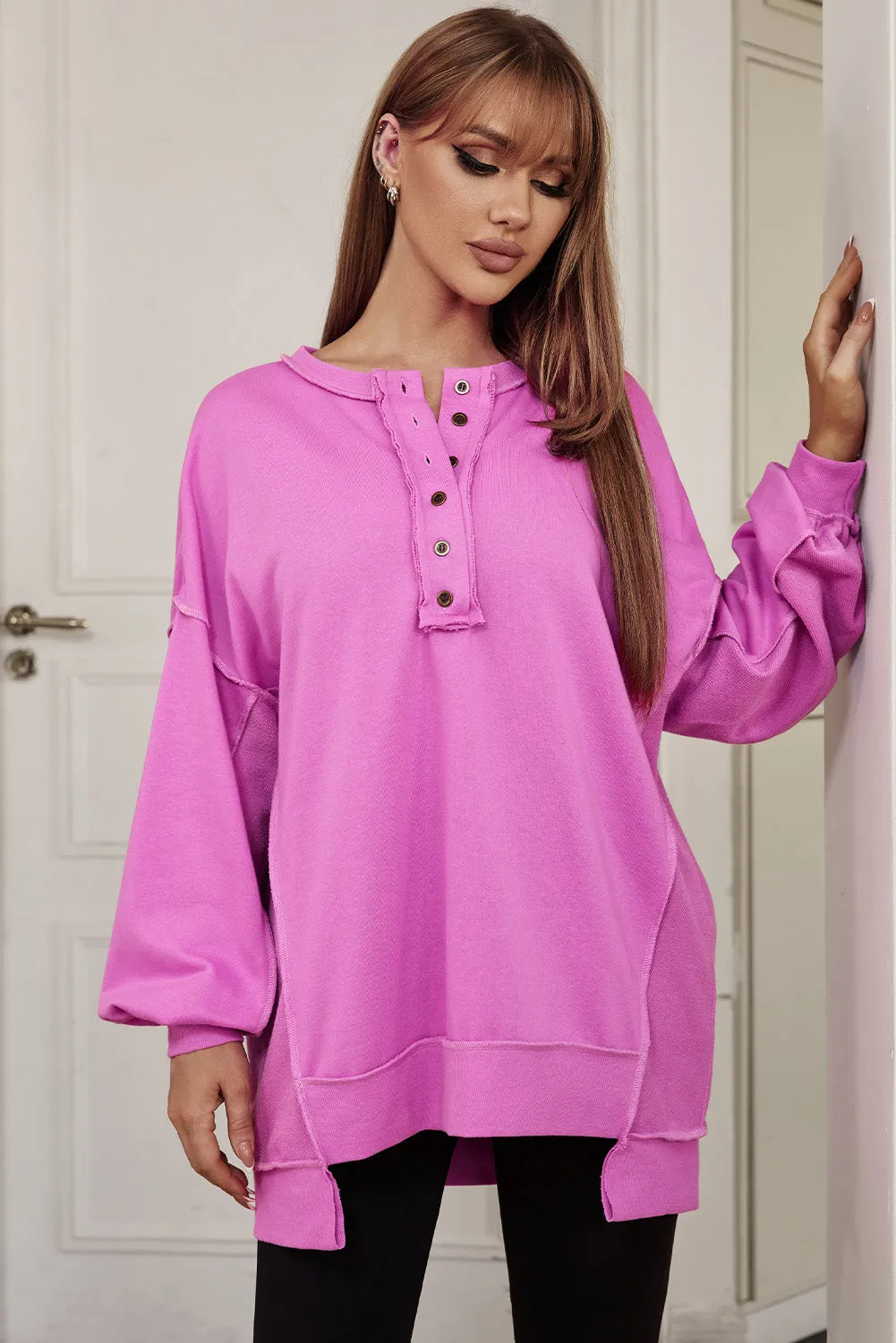Purple Exposed Seam Terry Patchwork Henley Sweatshirt