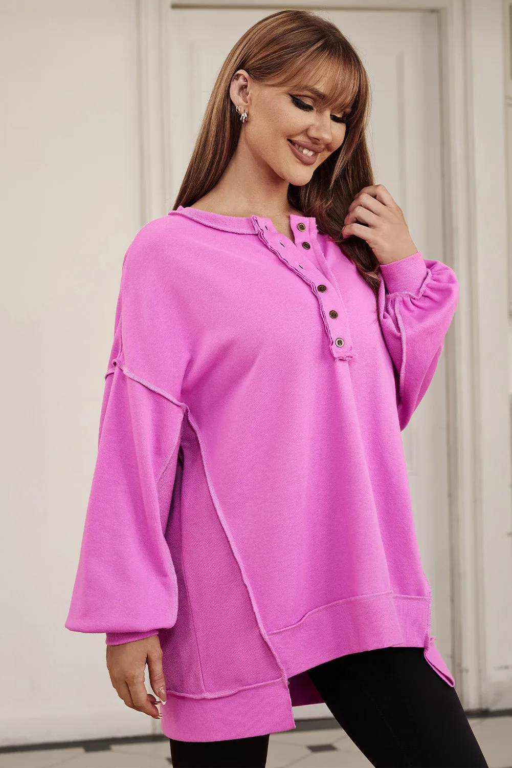 Purple Exposed Seam Terry Patchwork Henley Sweatshirt