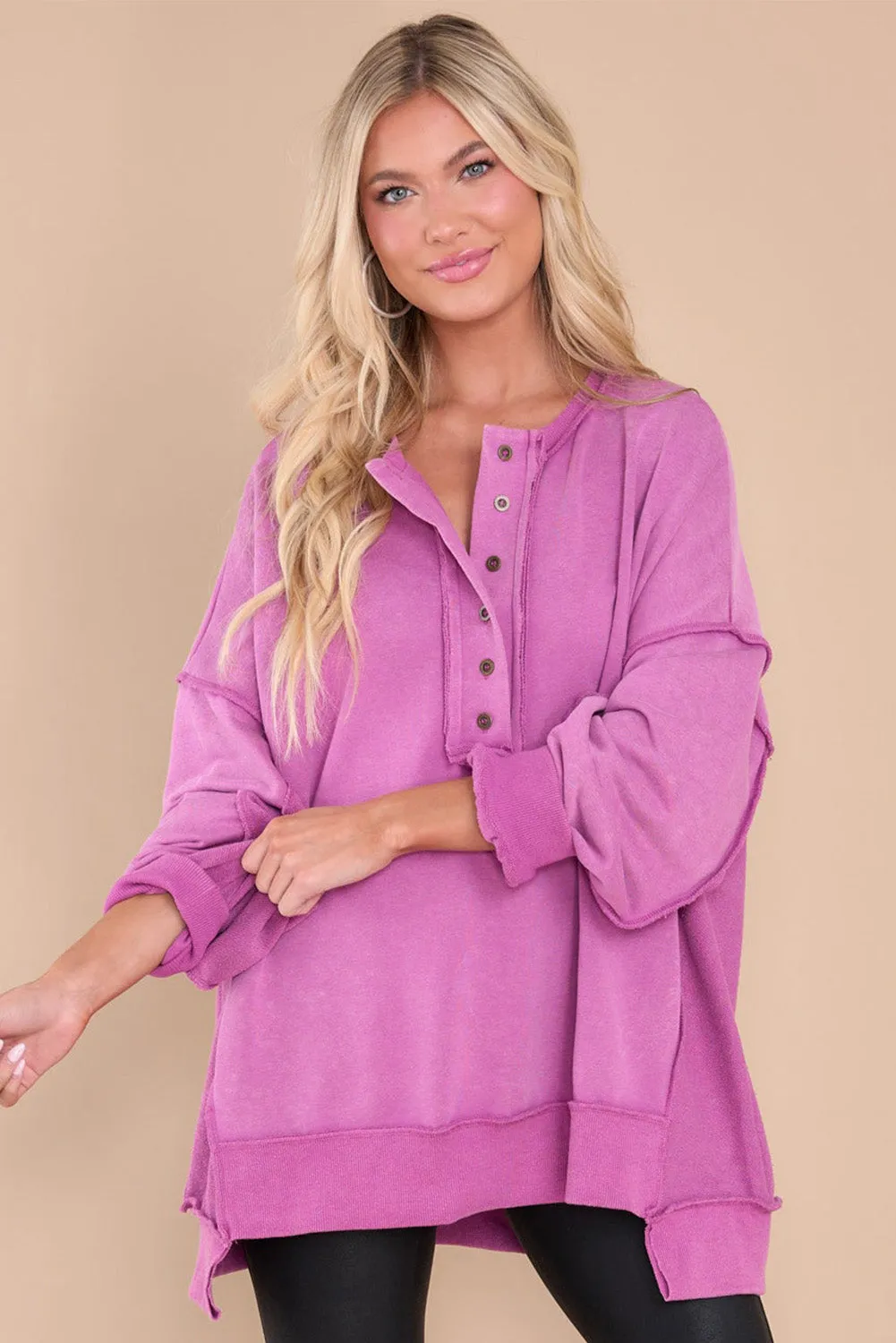 Purple Exposed Seam Terry Patchwork Henley Sweatshirt