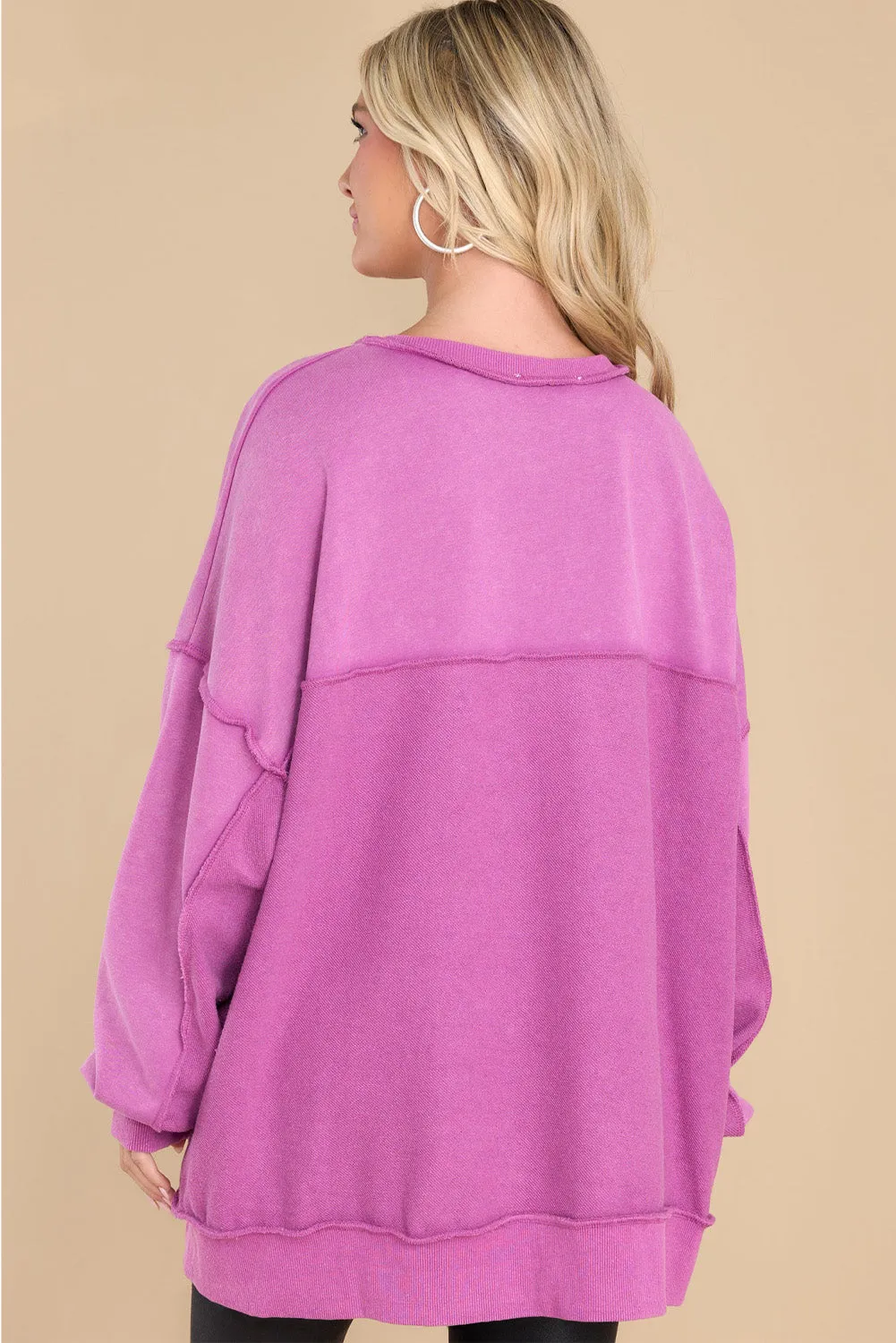 Purple Exposed Seam Terry Patchwork Henley Sweatshirt
