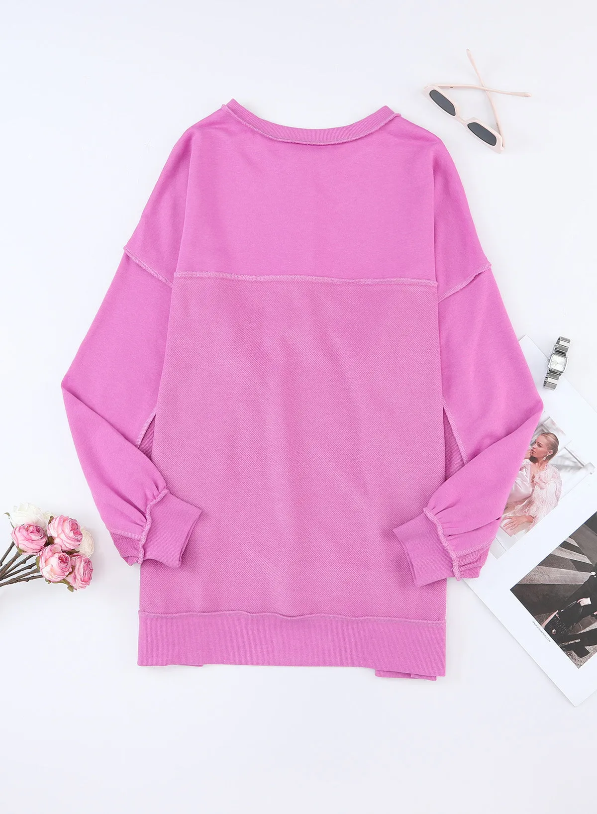 Purple Exposed Seam Terry Patchwork Henley Sweatshirt