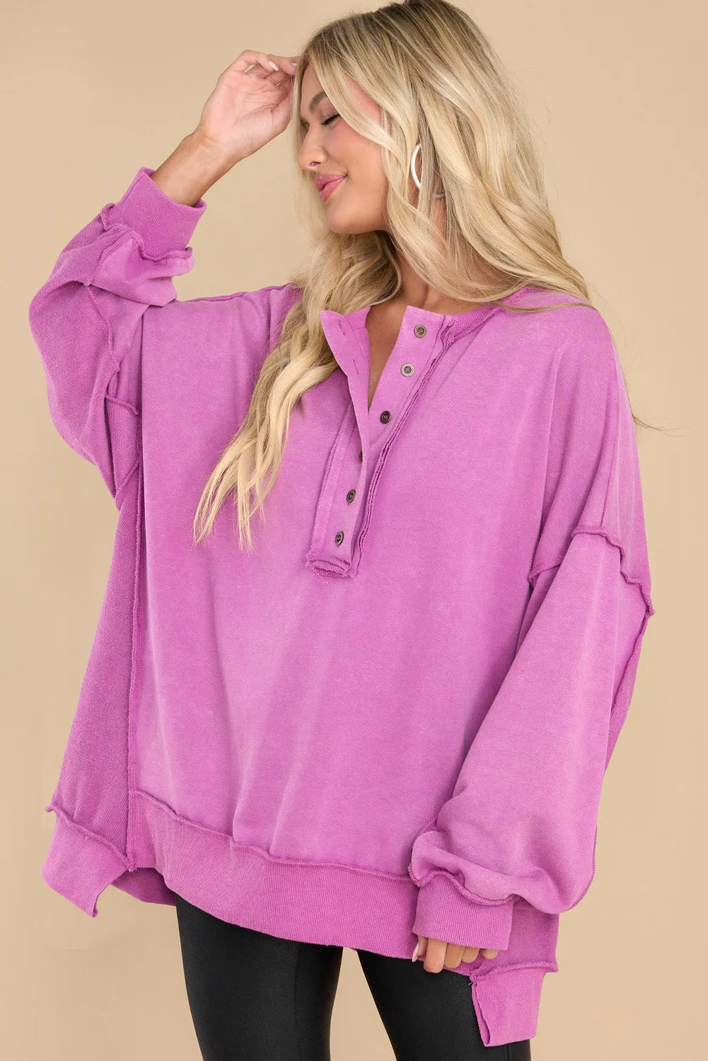Purple Exposed Seam Terry Patchwork Henley Sweatshirt
