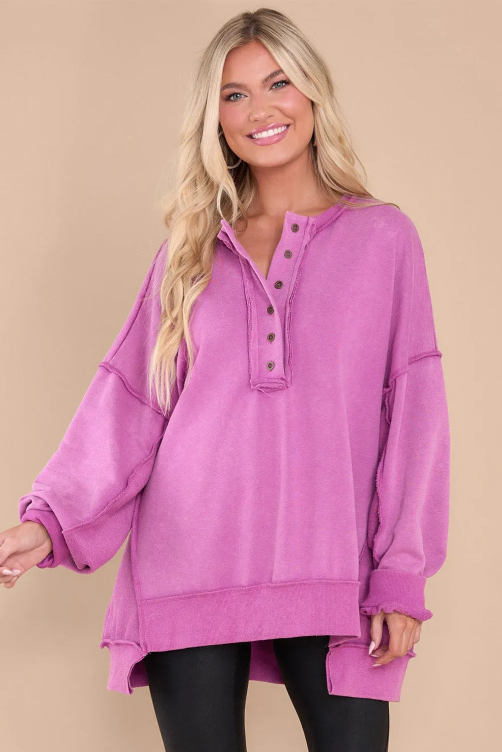 Purple Exposed Seam Terry Patchwork Henley Sweatshirt