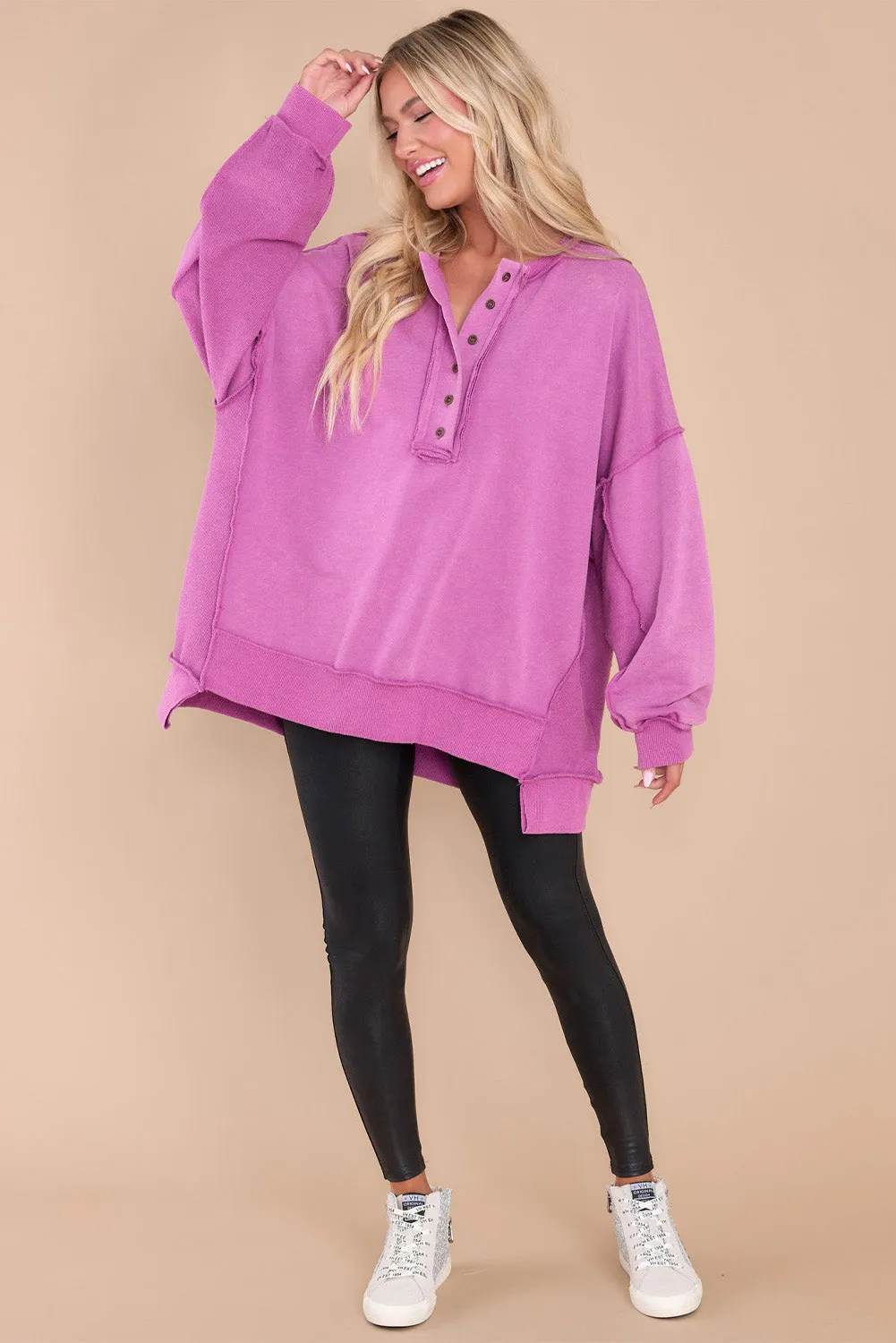 Purple Exposed Seam Terry Patchwork Henley Sweatshirt