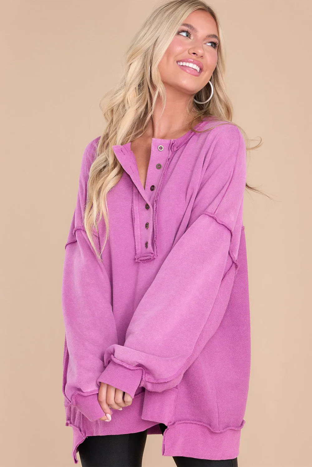Purple Exposed Seam Terry Patchwork Henley Sweatshirt