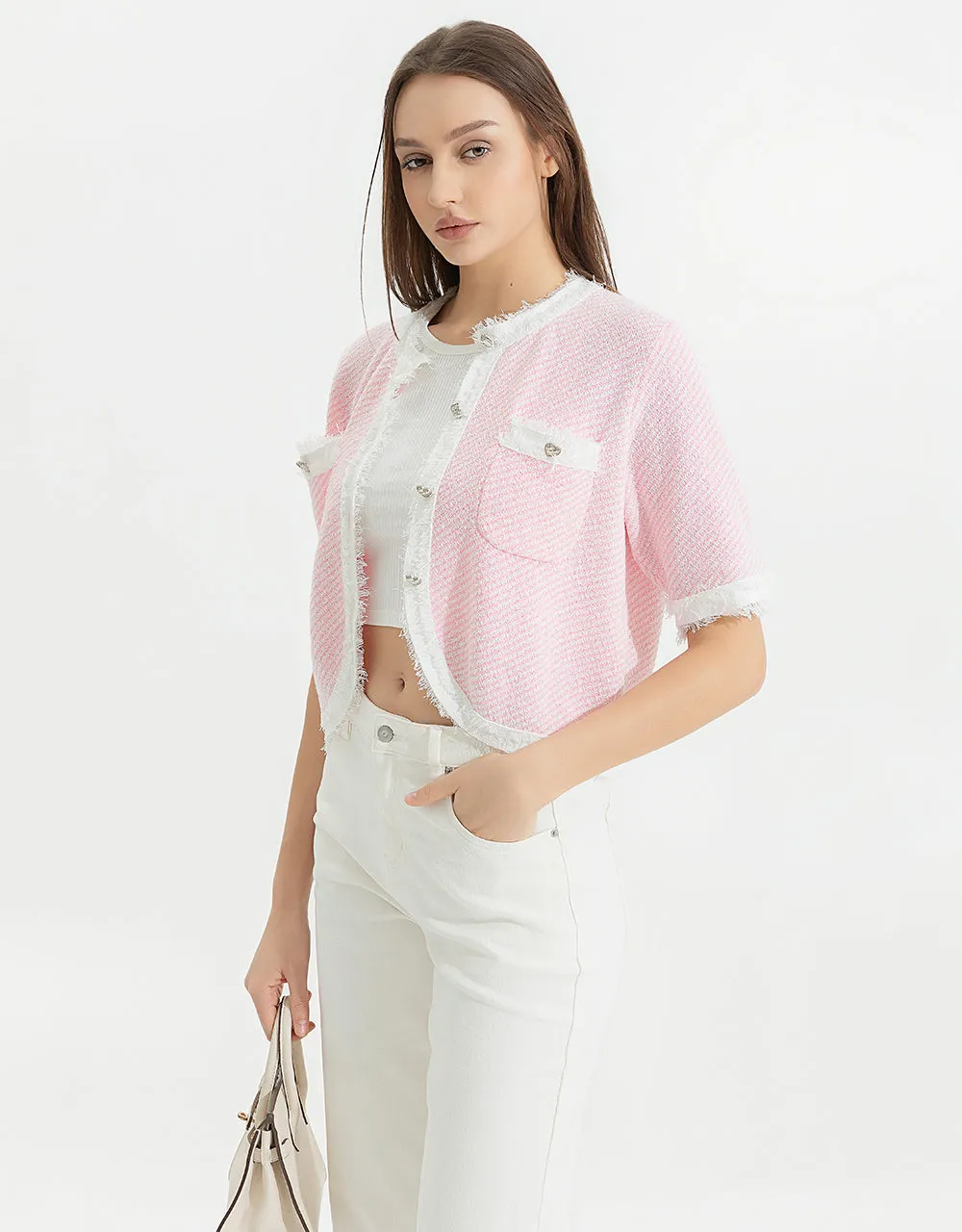 Raw Hem Crew Neck Knitted Cardigan