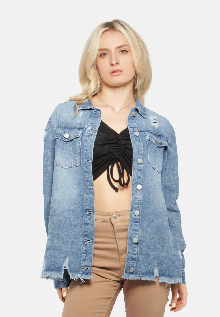 Raw Hem Distressed Denim Jacket