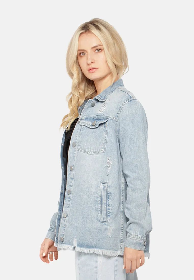 Raw Hem Distressed Denim Jacket