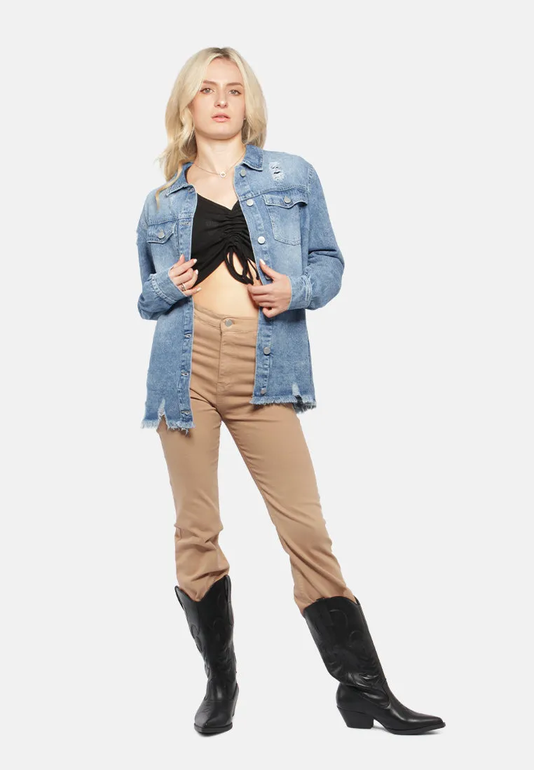 Raw Hem Distressed Denim Jacket