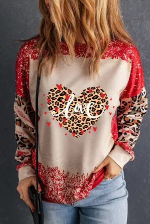 Red love Leopard Heart Shaped Bleached Print Pullover Sweatshirt