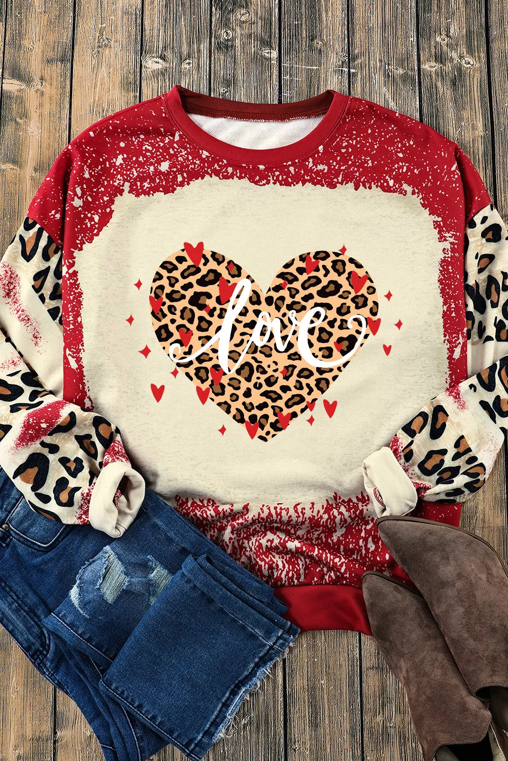 Red love Leopard Heart Shaped Bleached Print Pullover Sweatshirt
