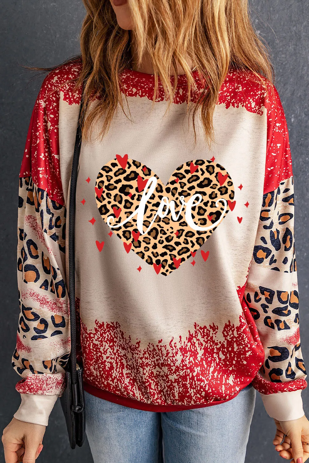 Red love Leopard Heart Shaped Bleached Print Pullover Sweatshirt
