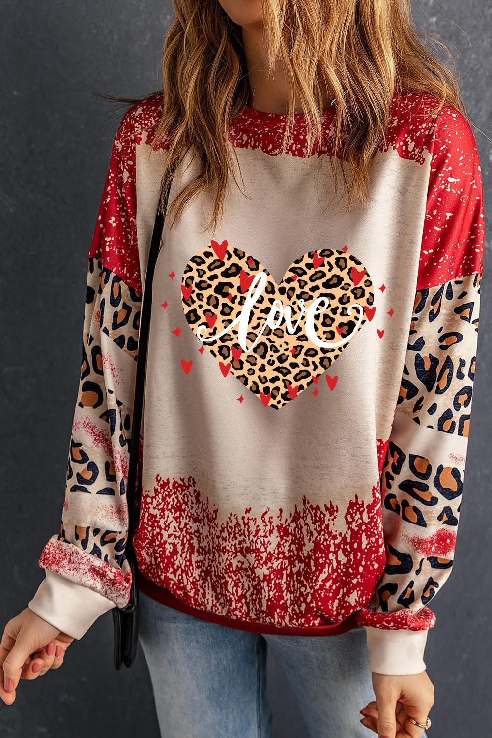 Red love Leopard Heart Shaped Bleached Print Pullover Sweatshirt