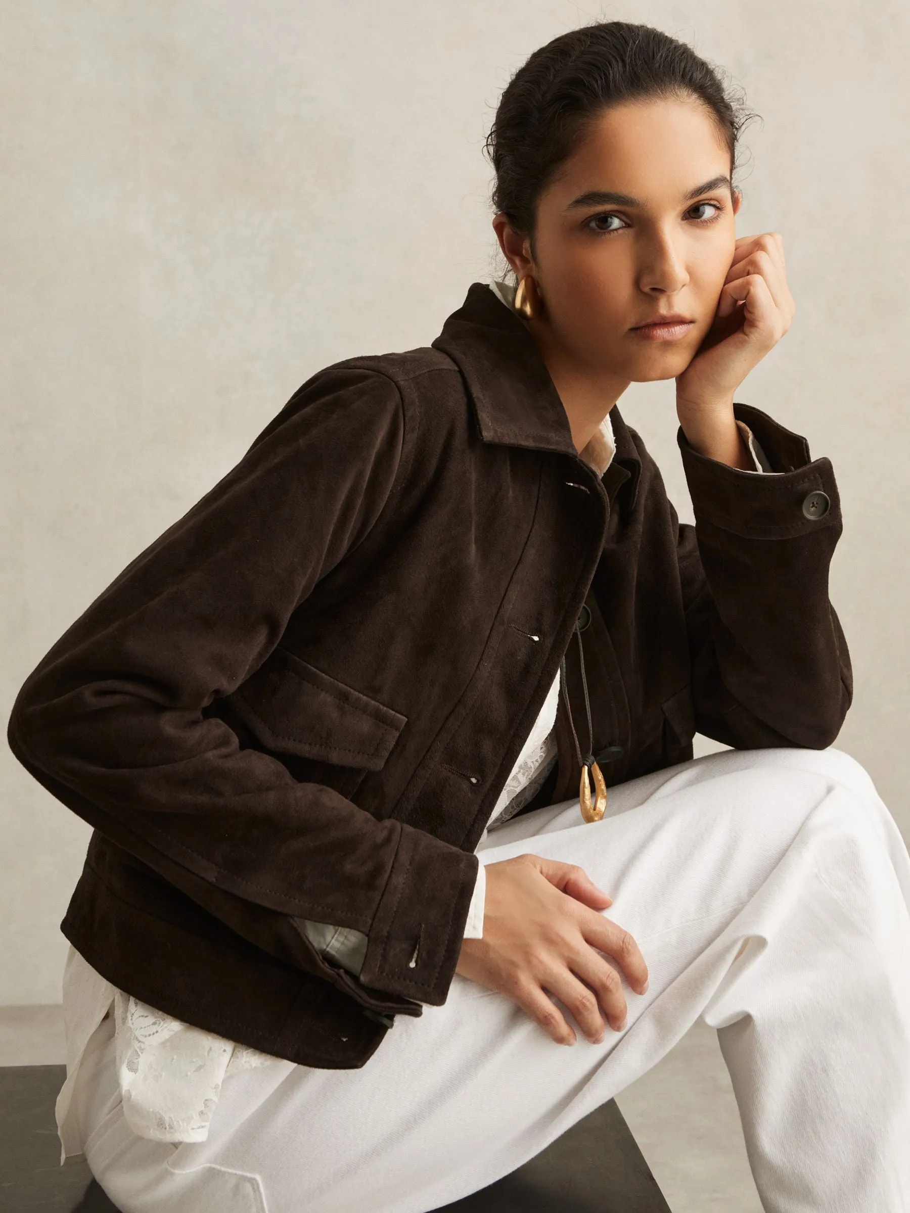 Reiss Trucker Jacket in Chocolate Brown