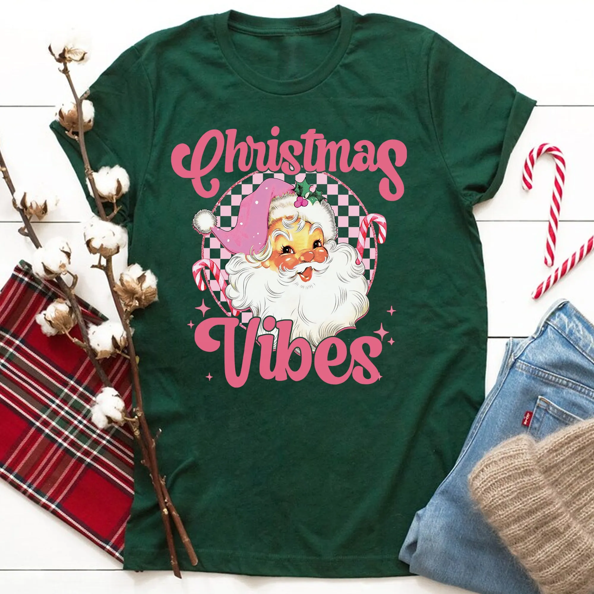Sandjest Christmas Vibes Retro Shirt, Groovy Christmas Santa Tshirt, Holiday Apparel, Vintage Pink Santa Clause Sweatshirt, Vintage Graphic Tee