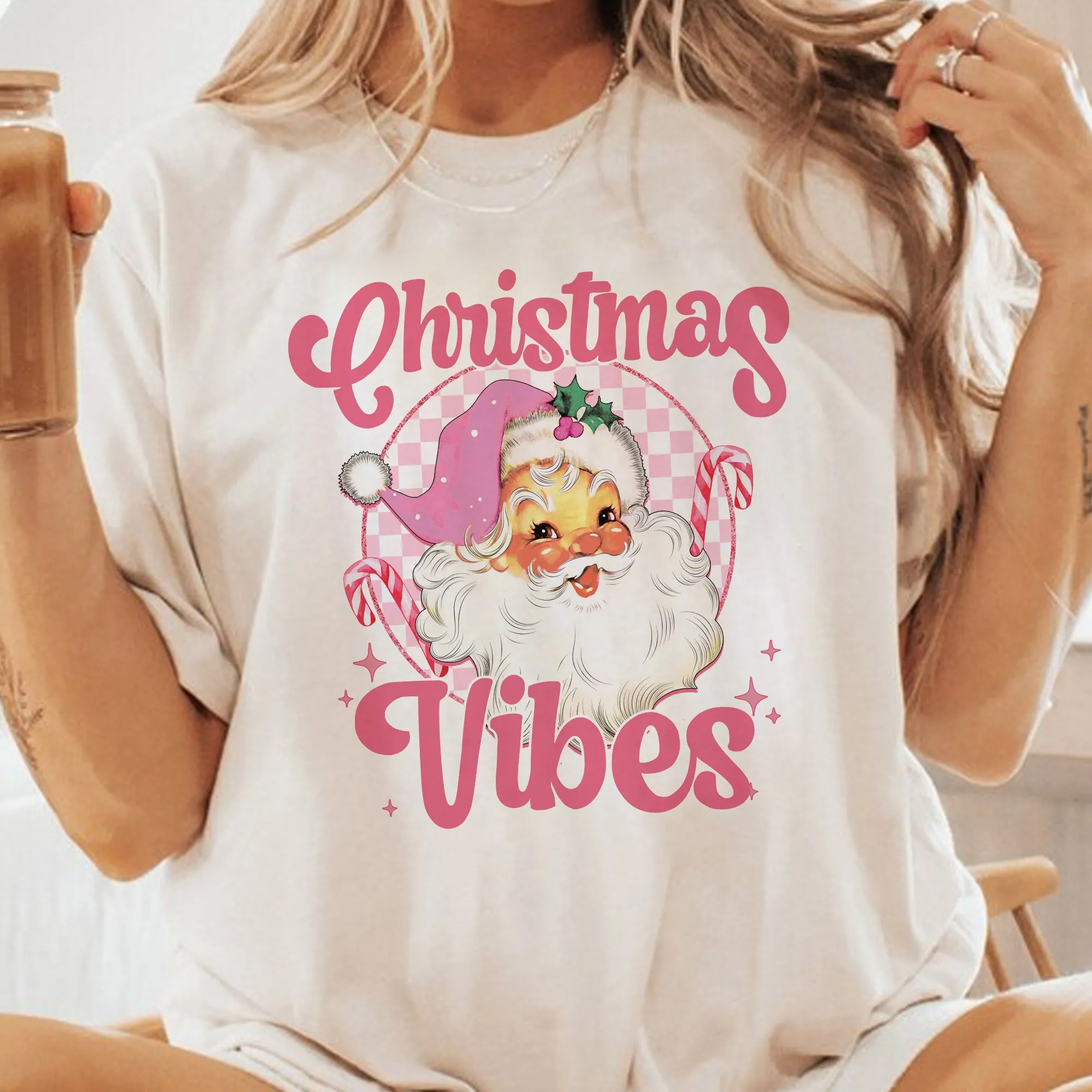 Sandjest Christmas Vibes Retro Shirt, Groovy Christmas Santa Tshirt, Holiday Apparel, Vintage Pink Santa Clause Sweatshirt, Vintage Graphic Tee