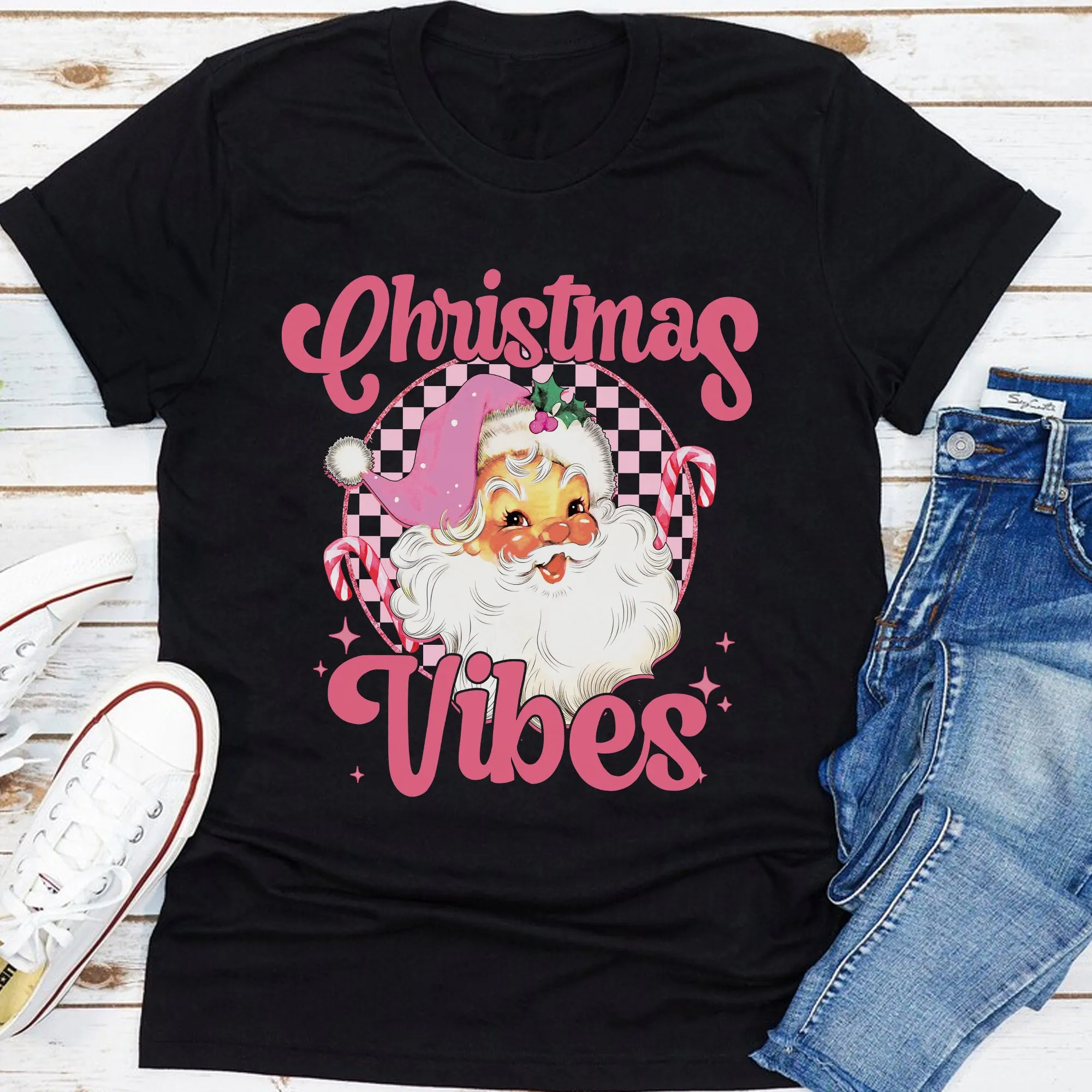 Sandjest Christmas Vibes Retro Shirt, Groovy Christmas Santa Tshirt, Holiday Apparel, Vintage Pink Santa Clause Sweatshirt, Vintage Graphic Tee