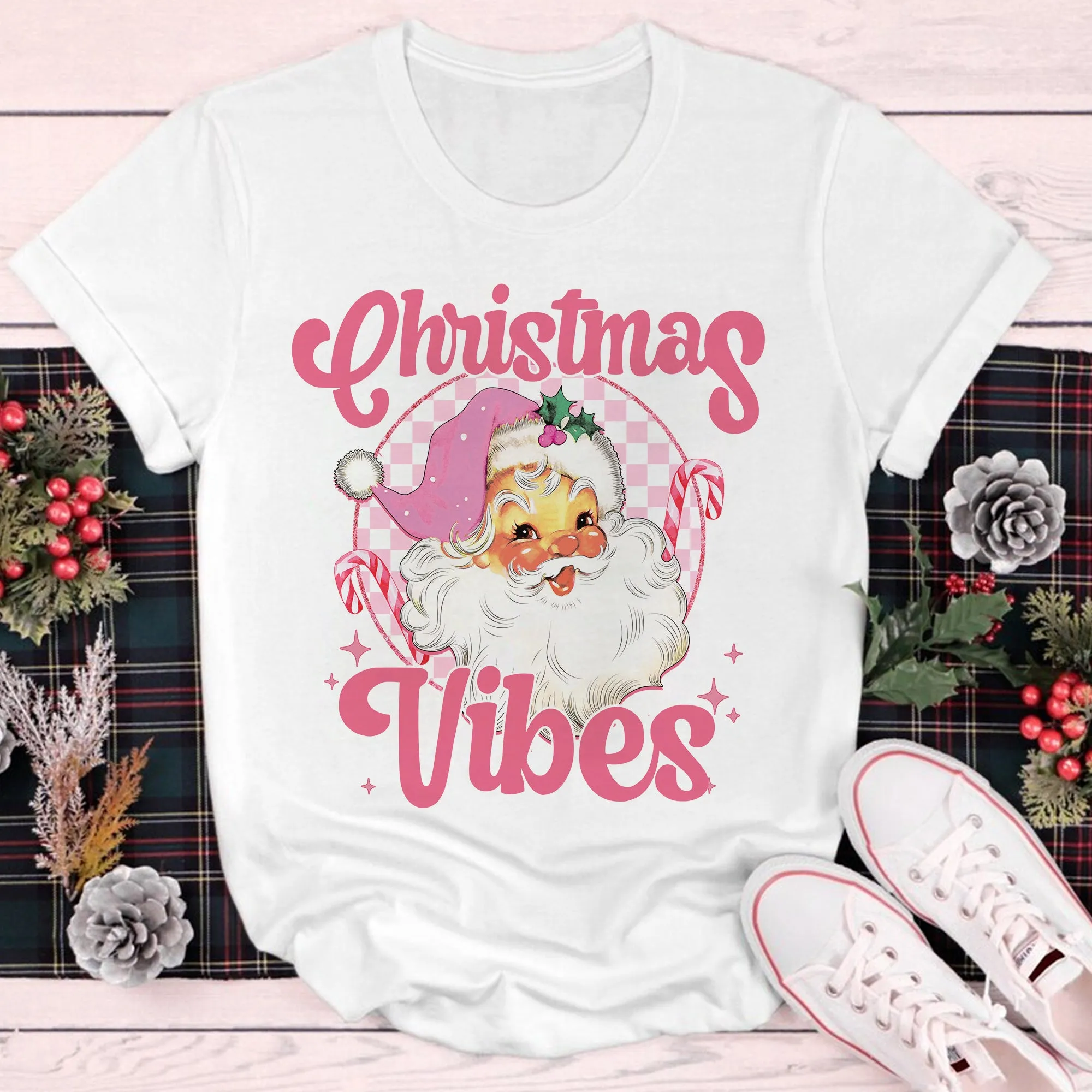 Sandjest Christmas Vibes Retro Shirt, Groovy Christmas Santa Tshirt, Holiday Apparel, Vintage Pink Santa Clause Sweatshirt, Vintage Graphic Tee