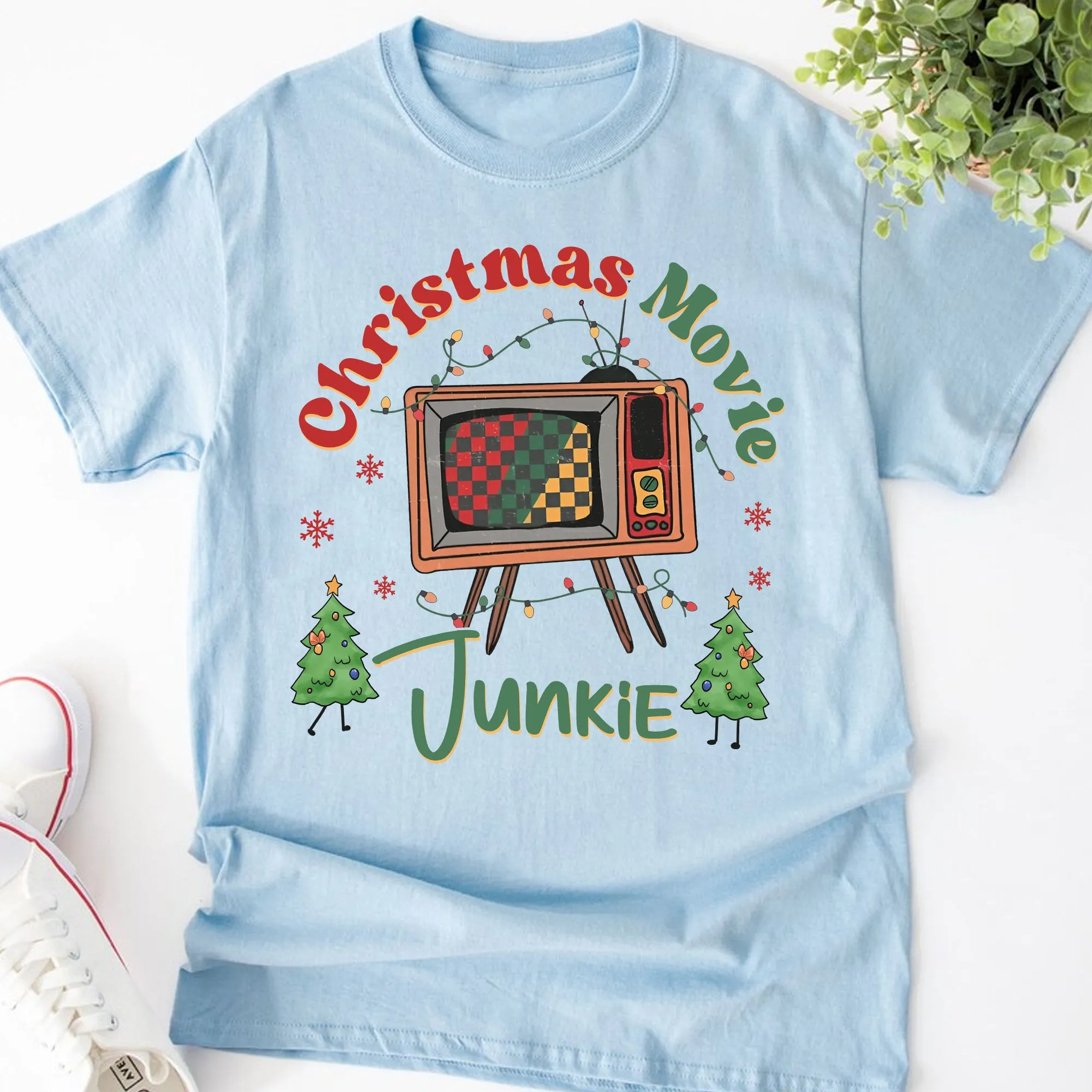 Sandjest Funny Christmas Retro Graphic Tee, Groovy Vintage Christmas Shirt, Christmas Movie Junkie Sweatshirt, Trendy Holiday Apparel Xmas Gift