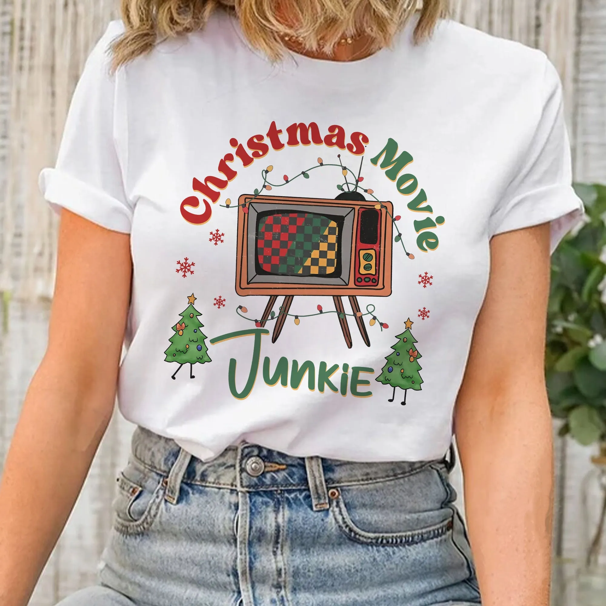 Sandjest Funny Christmas Retro Graphic Tee, Groovy Vintage Christmas Shirt, Christmas Movie Junkie Sweatshirt, Trendy Holiday Apparel Xmas Gift