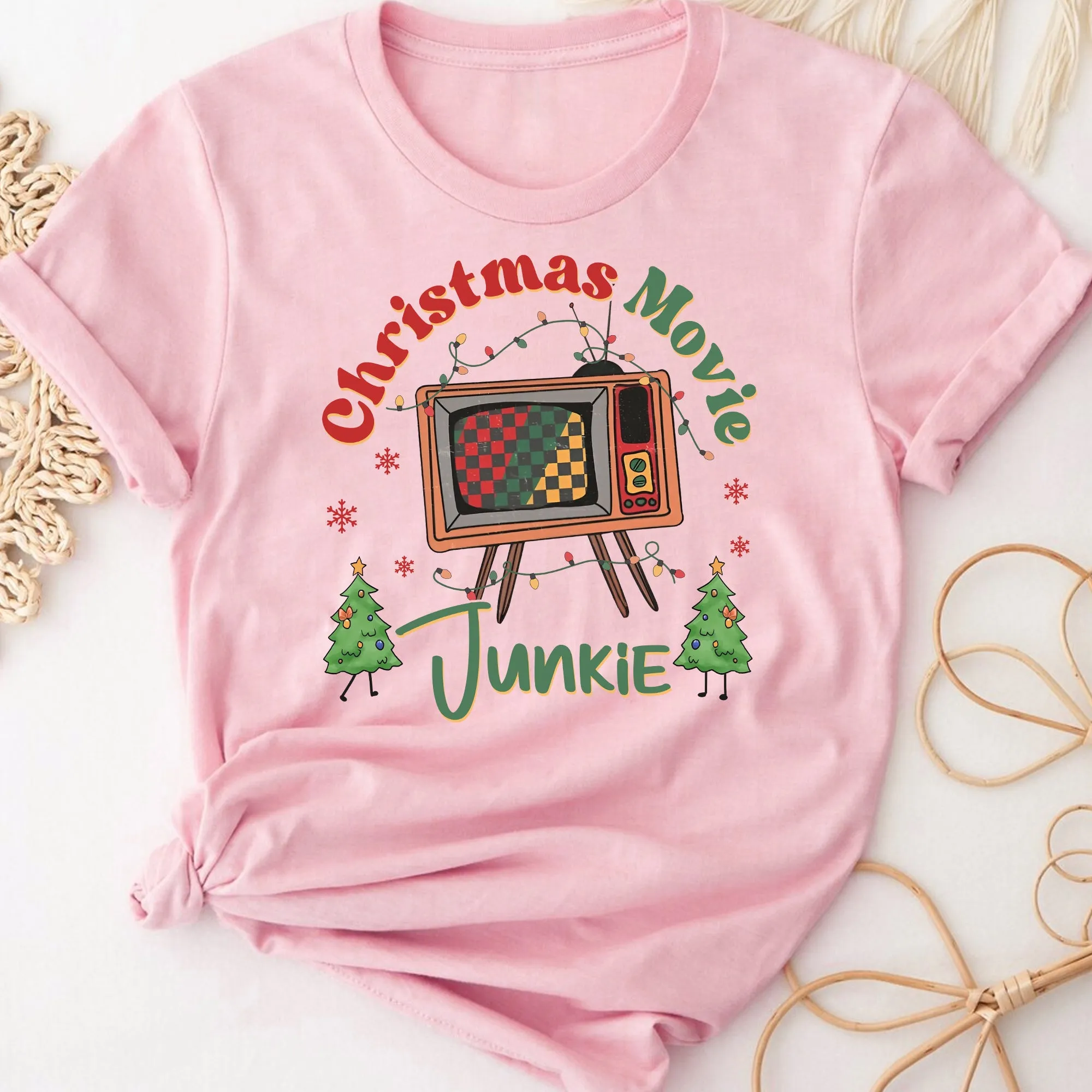 Sandjest Funny Christmas Retro Graphic Tee, Groovy Vintage Christmas Shirt, Christmas Movie Junkie Sweatshirt, Trendy Holiday Apparel Xmas Gift