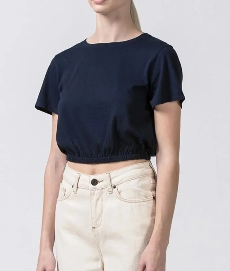 Short Sleeve Elastic Waist Band Cropped T Shirt