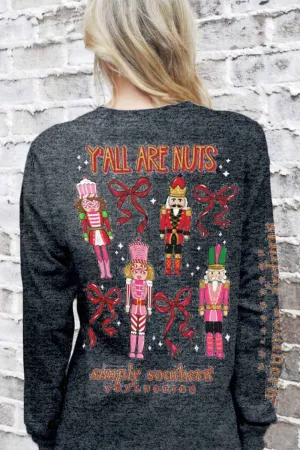 Simply Southern Long Sleeve Y’all Are Nuts T-Shirt for Women in Dark Heather Grey | LS-NUTS-CHARCOALHTHR